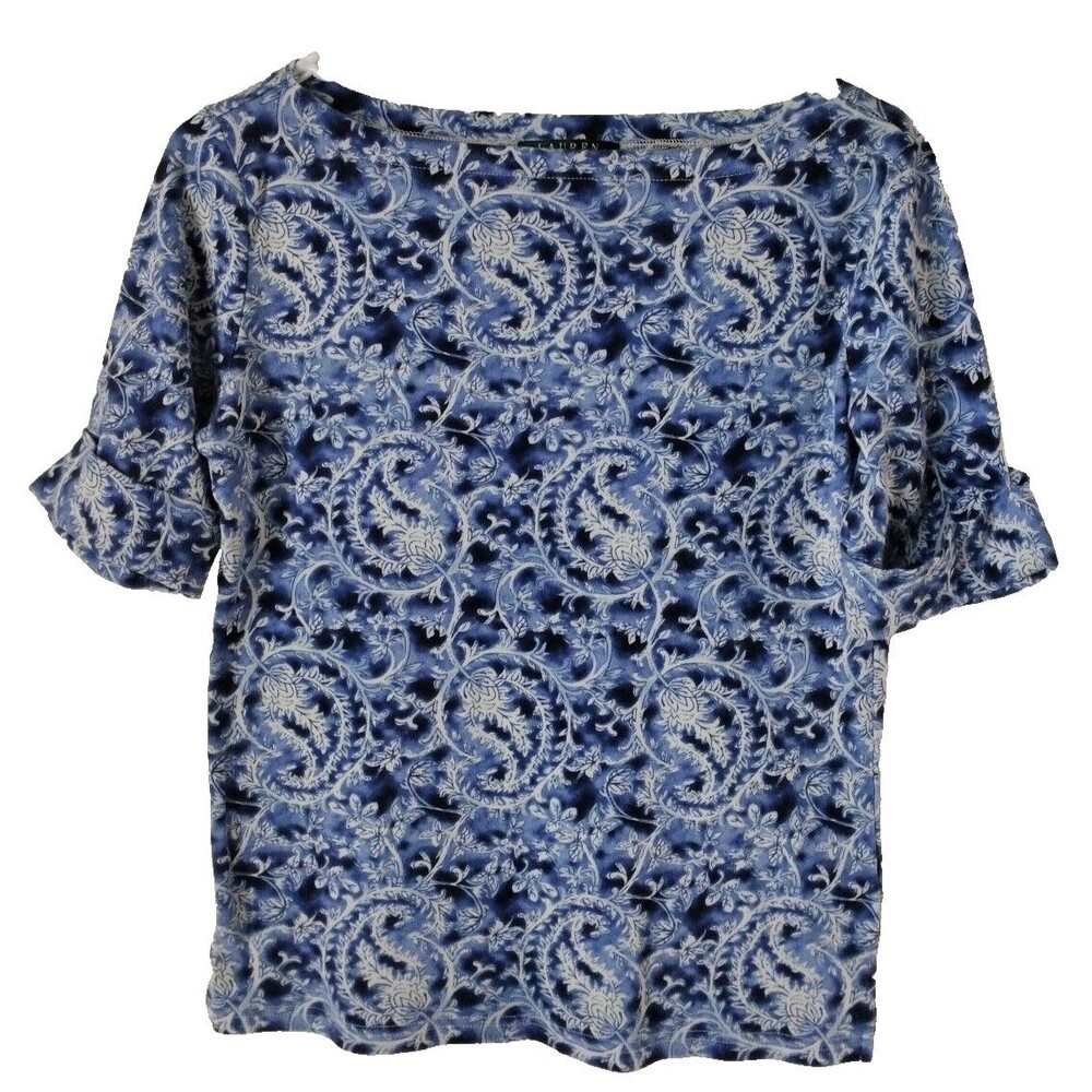 Lauren Ralph Lauren Women's Shirt M Blue/White Paisley Rolled Sleeve Boat Neck